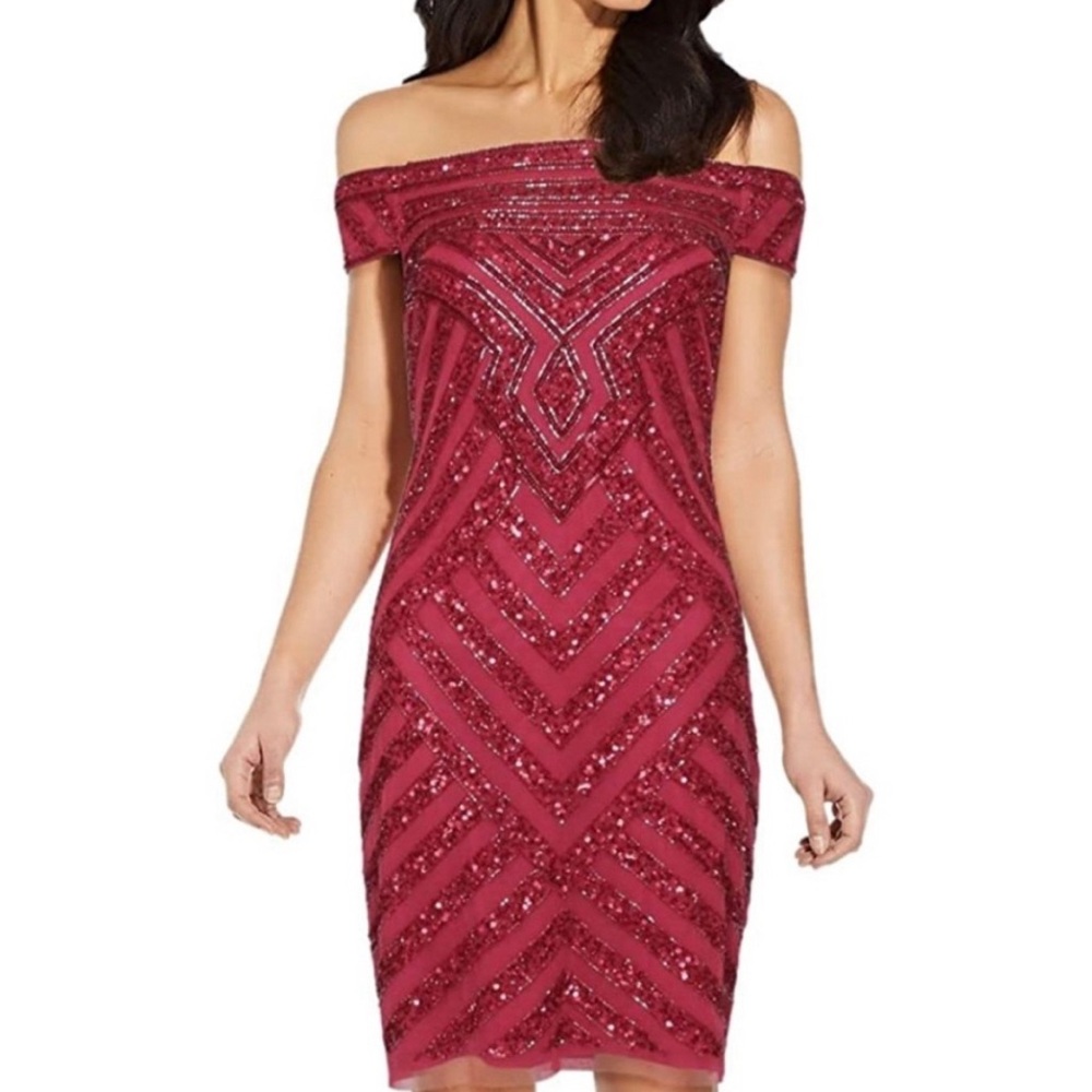 Adrianna Papell Women's Bead Off Shoulder Sheath NWT size 10 dusty rouge